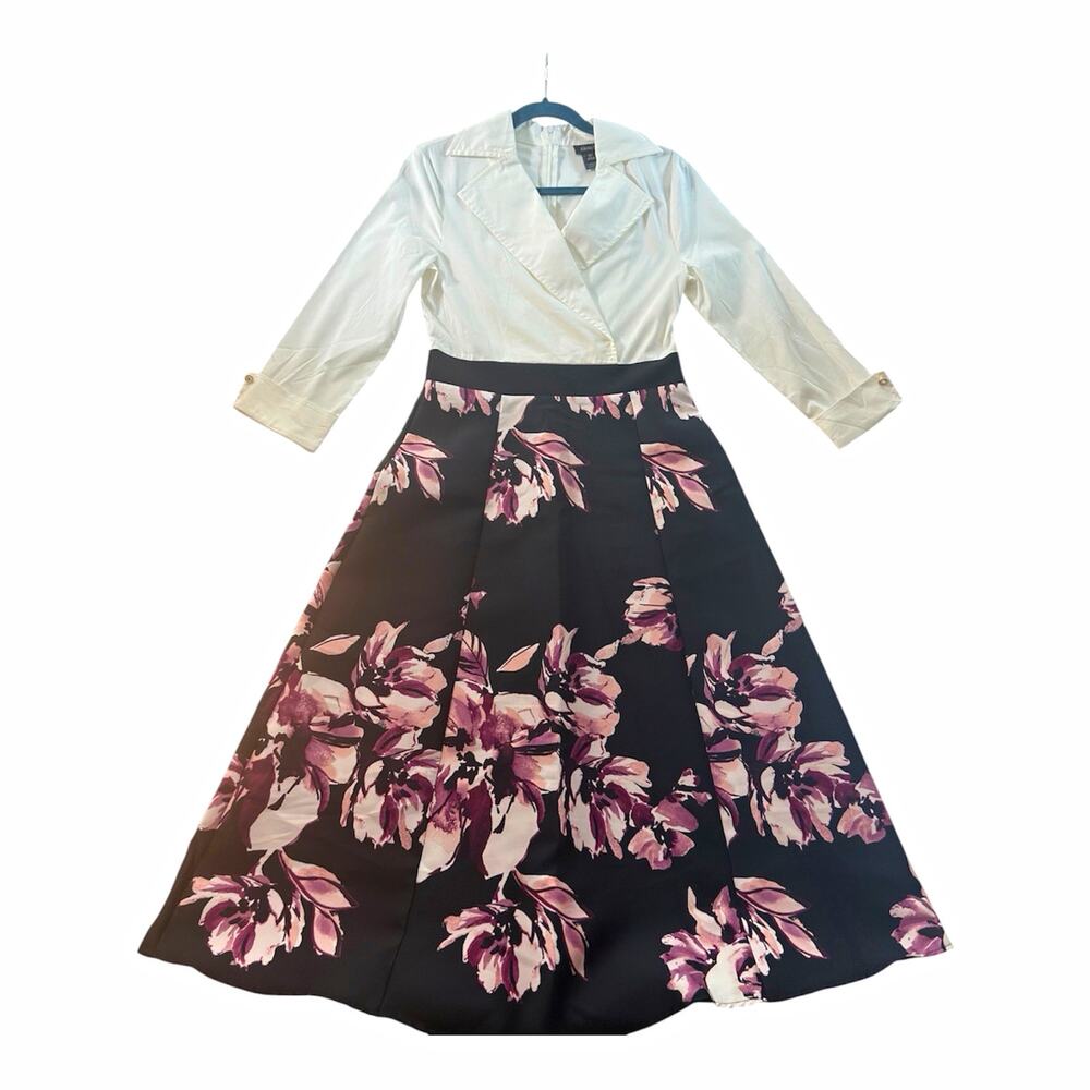 Alexa B Women’s 6P Petite Floral Fit Flare Midi Dress Pink Black White